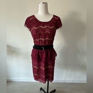 Anthropologie MAEVE Burgundy Wine Lace Peplum Midi Dress with Eyelash detail